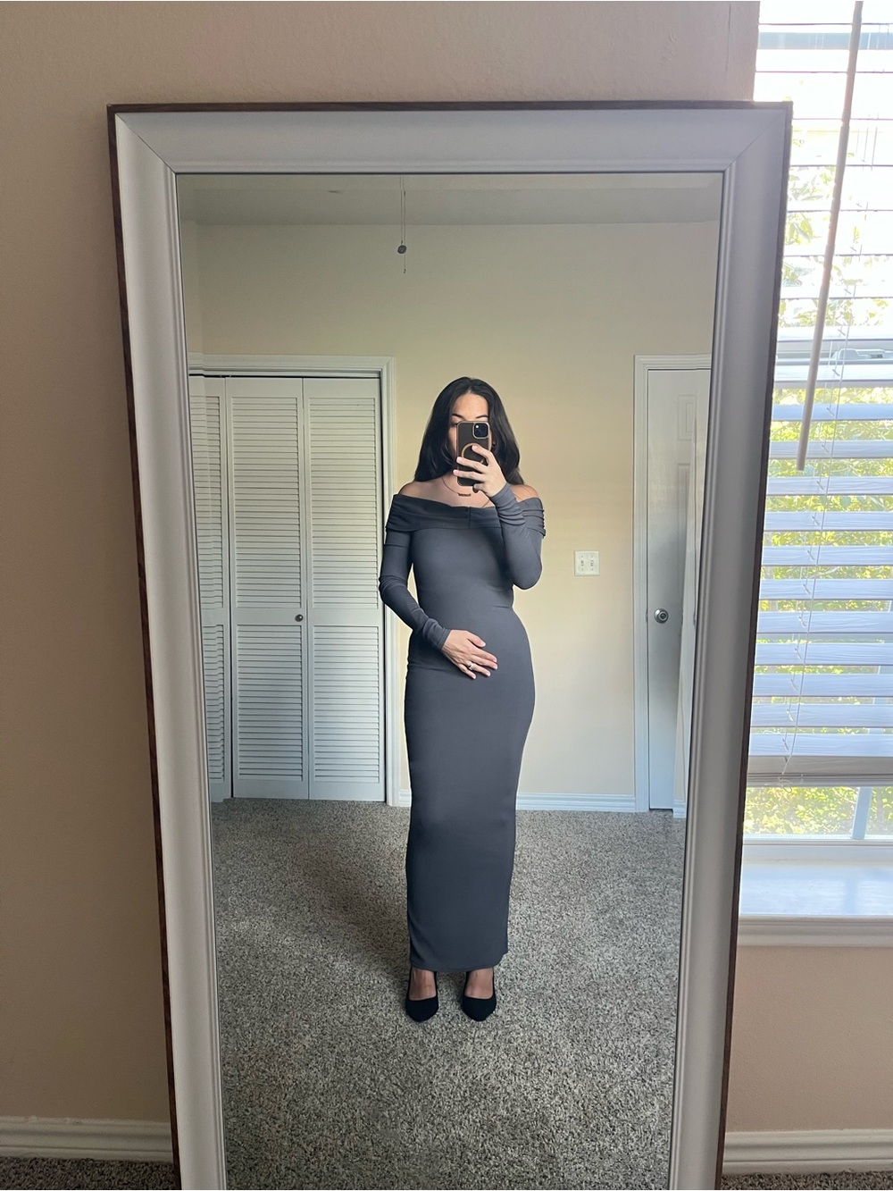 PrettyLittleThing Off-Shoulder Bodycon Maxi Dress - Charcoal Gray